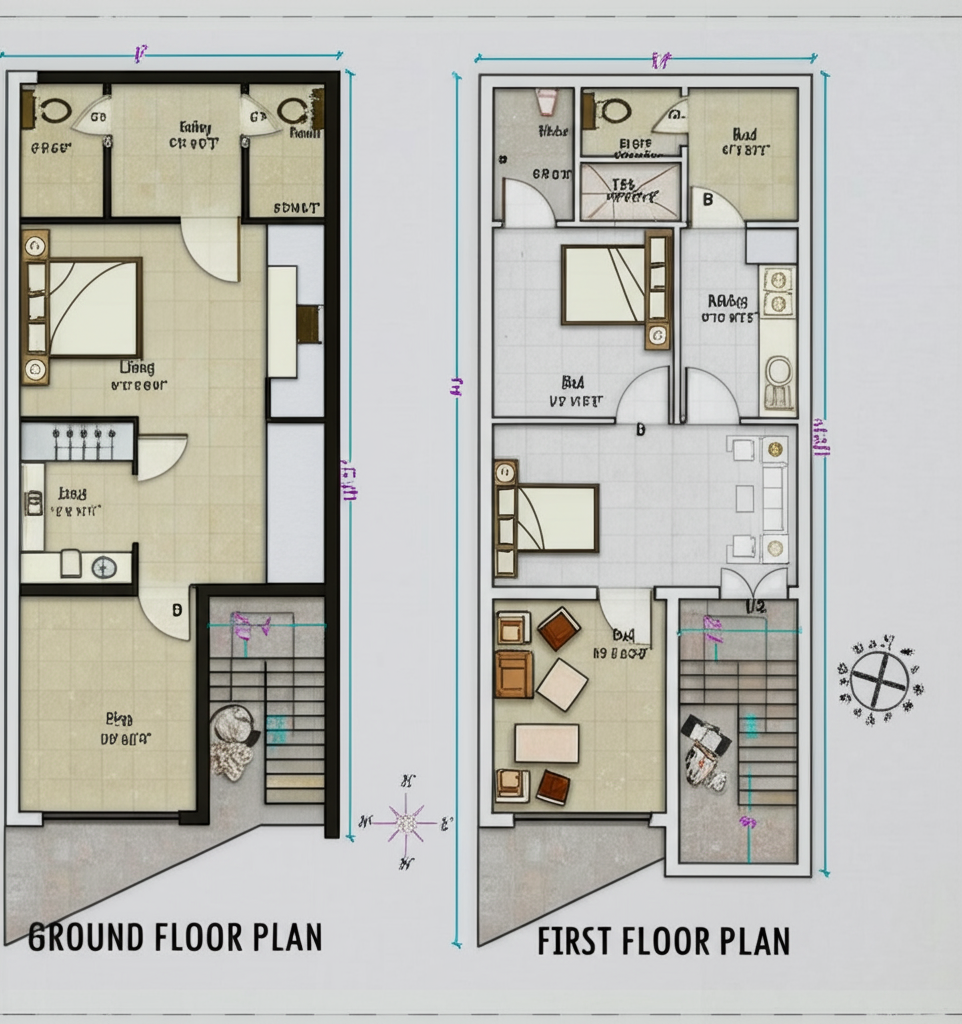 A colorful house floor plan with furniture layout. A colorful house floor plan with furniture layout.