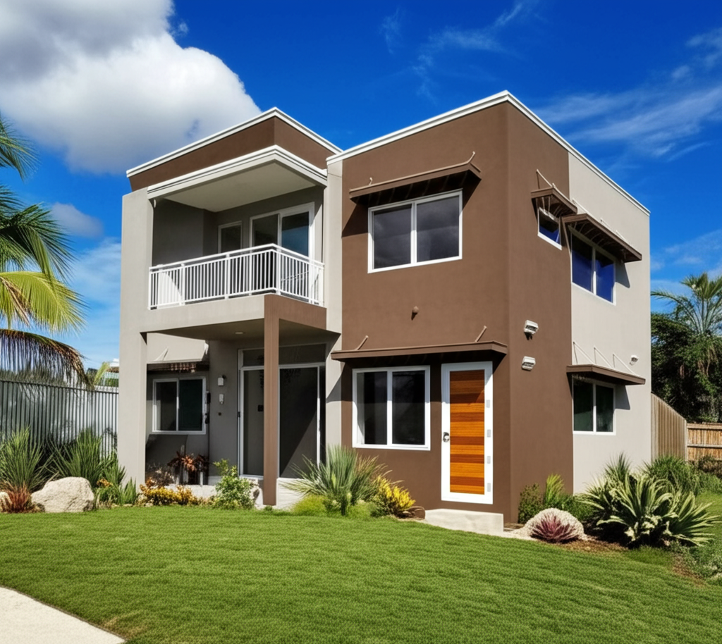 A house with gray stucco walls and plants. A house with gray stucco walls and plants.