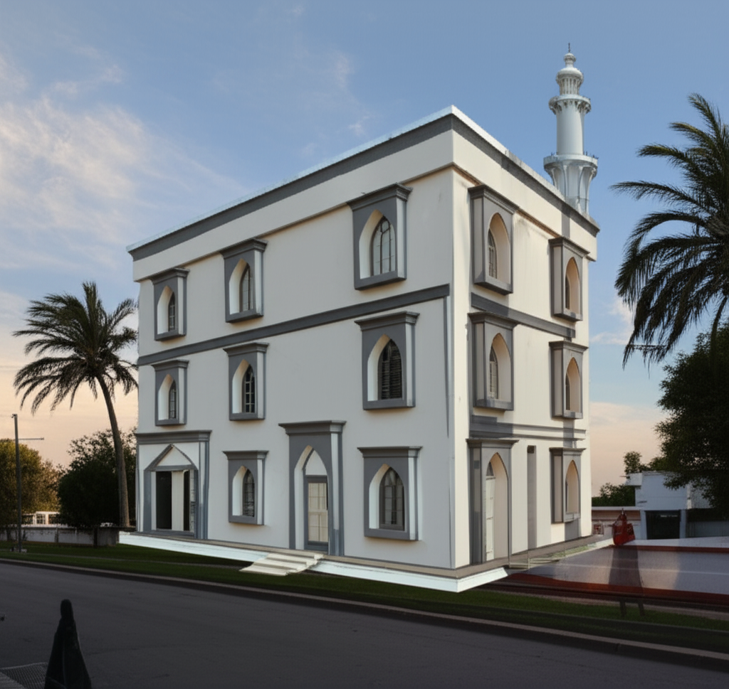 A modern Islamic building under the cloudy sky. A modern Islamic building under the cloudy sky.