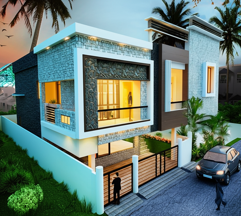 A modern house with tall floors, trees, and car. A modern house with tall floors, trees, and car.