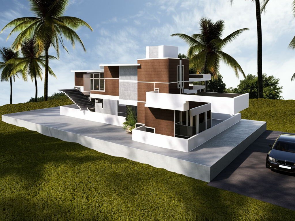 A modern house with trees, car, and clouds. A modern house with trees, car, and clouds.