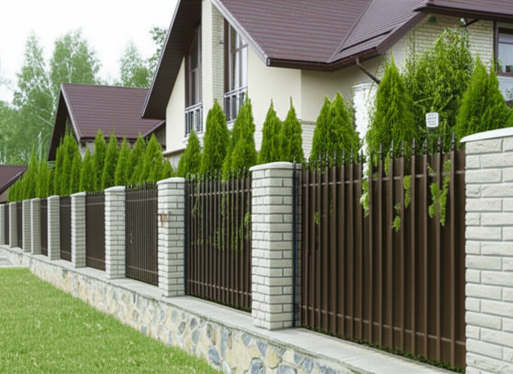 Big concrete columns with fences, plants, trees behind. Big concrete columns with fences, plants, trees behind.