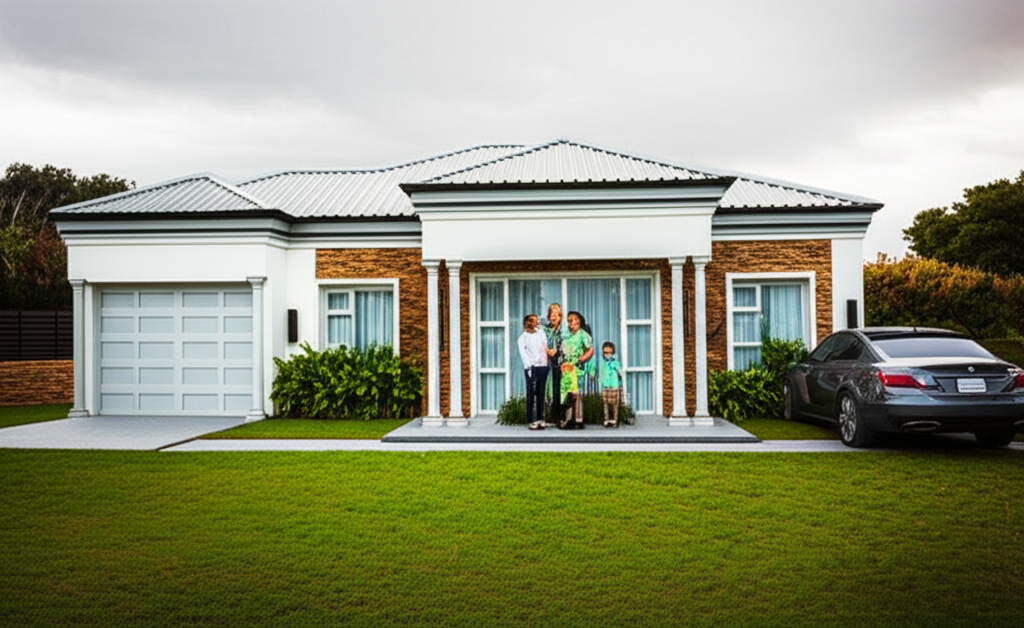 Family of 4 with car outside modern house. Family of 4 with car outside modern house.
