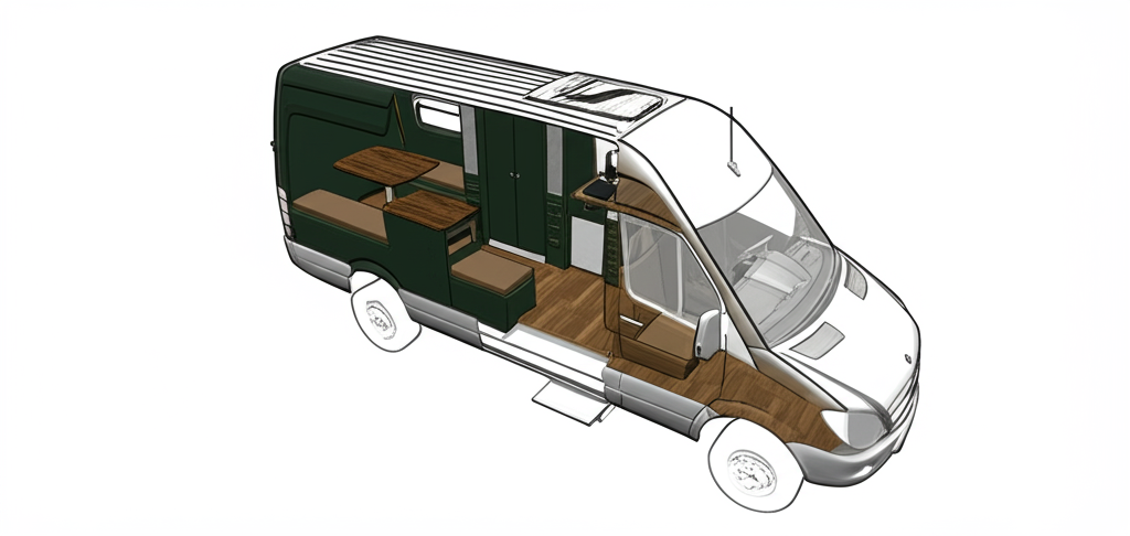 Inside Look: White Mercedes Camper with X-ray View Inside Look: White Mercedes Camper with X-ray View