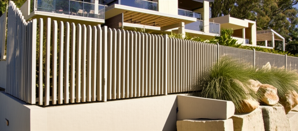 Tall concrete columns with fences, trees, plants around. Tall concrete columns with fences, trees, plants around.