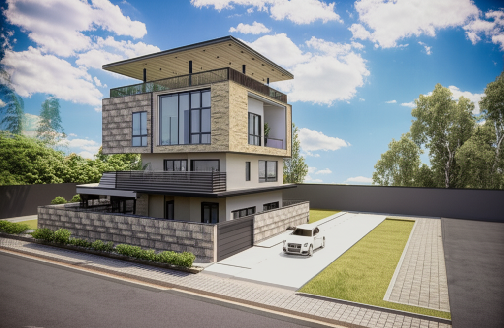 A colorful geometric shape design in 3D perspective.