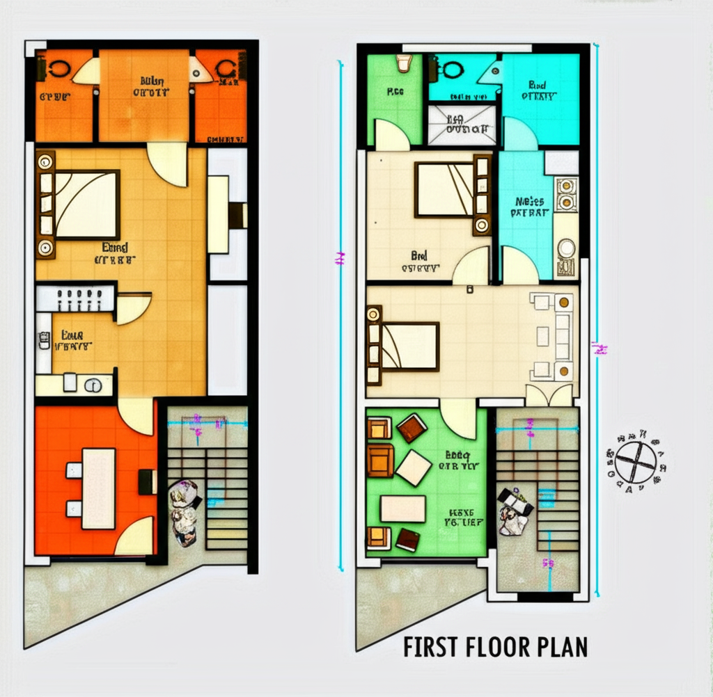 A colorful house floor plan with furniture layout. A colorful house floor plan with furniture layout.