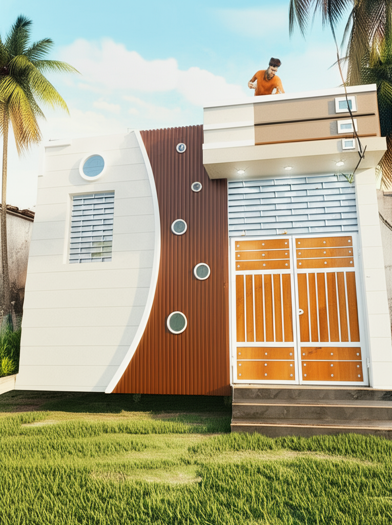 A modern building among coconut trees in daylight.