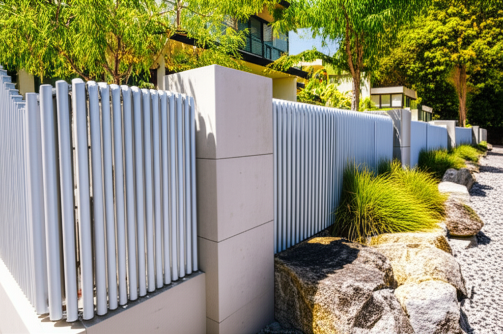A modern garden with concrete columns and trees. A modern garden with concrete columns and trees.