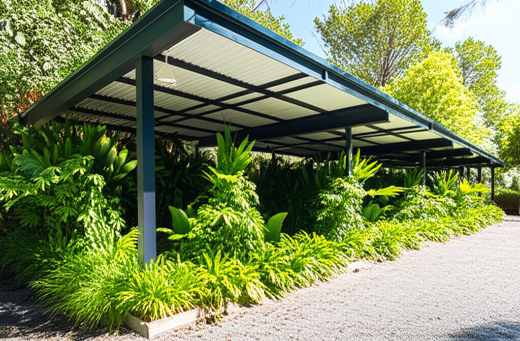 A modern gazebo with roof, plants, trees, and people. A modern gazebo with roof, plants, trees, and people.
