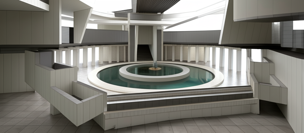 Architectural masterpiece with water fountain and intricate details