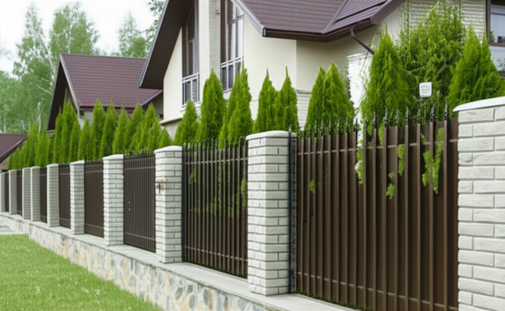 Big concrete columns with fences, plants, trees behind. Big concrete columns with fences, plants, trees behind.