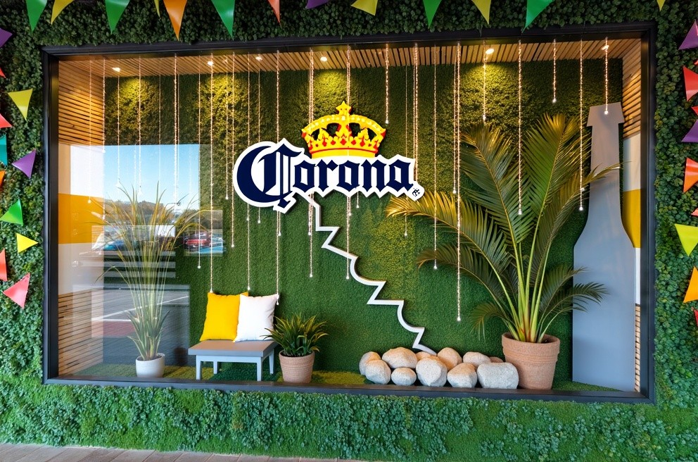 Corona Sign in Tropical Liquor Store Window Display
