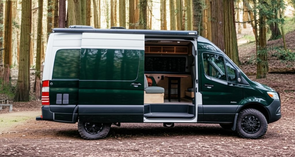 Inside a cozy camper van in the forest. Inside a cozy camper van in the forest.