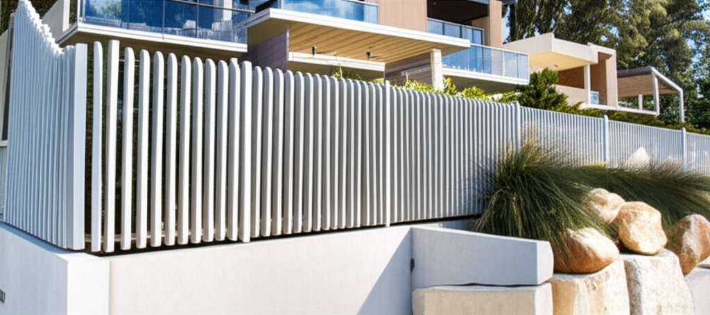 Tall concrete columns with fences, trees, plants around. Tall concrete columns with fences, trees, plants around.