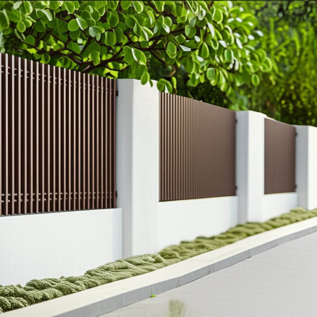 View of long brown and white fence columns. View of long brown and white fence columns.