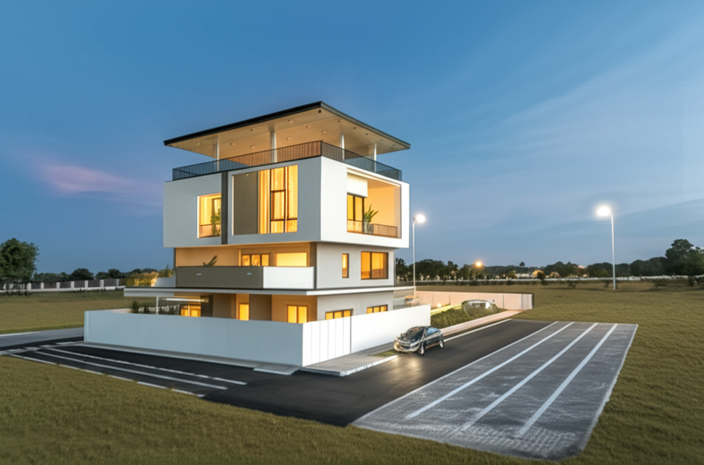 A 3D evening view with lighting effects. A 3D evening view with lighting effects.