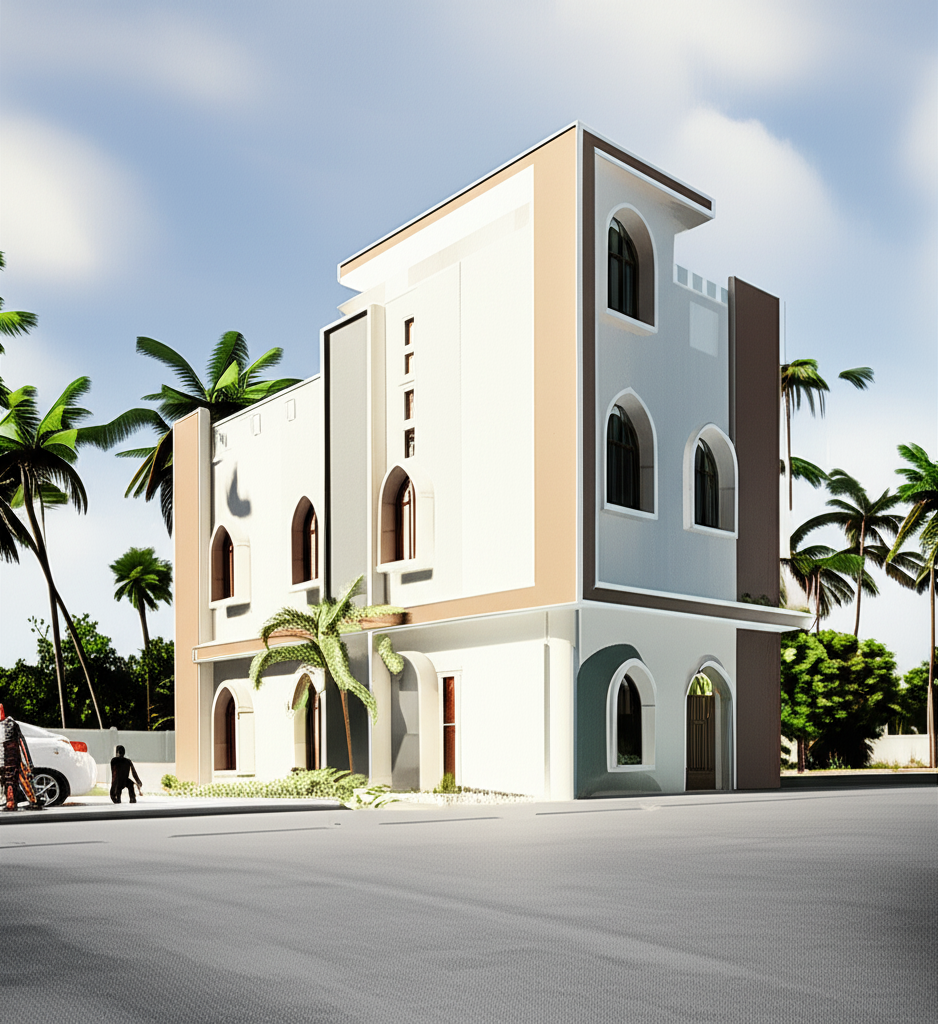 A Modern Arabic Building with Coconut Trees Afternoon A Modern Arabic Building with Coconut Trees Afternoon