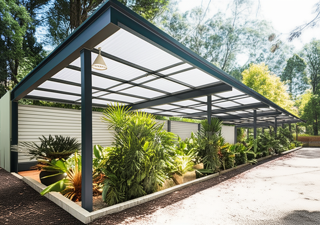 A modern gazebo with roof, plants, trees, and people. A modern gazebo with roof, plants, trees, and people.