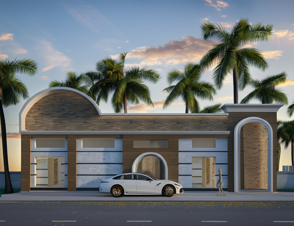 A modern scene with coconut trees and car.
