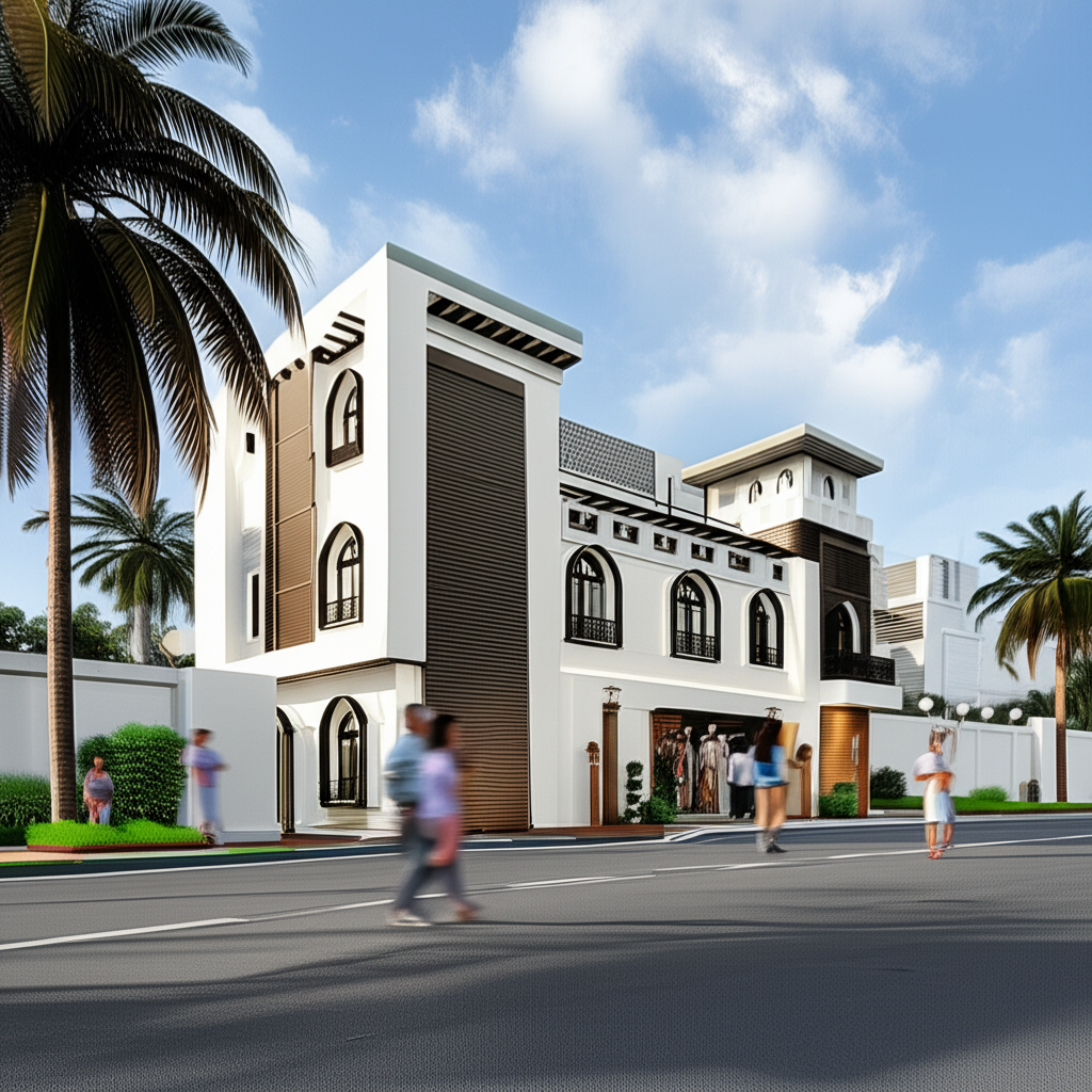 Afternoon Scene with Modern Arabian Exteriors and Coconut Tree Afternoon Scene with Modern Arabian Exteriors and Coconut Tree