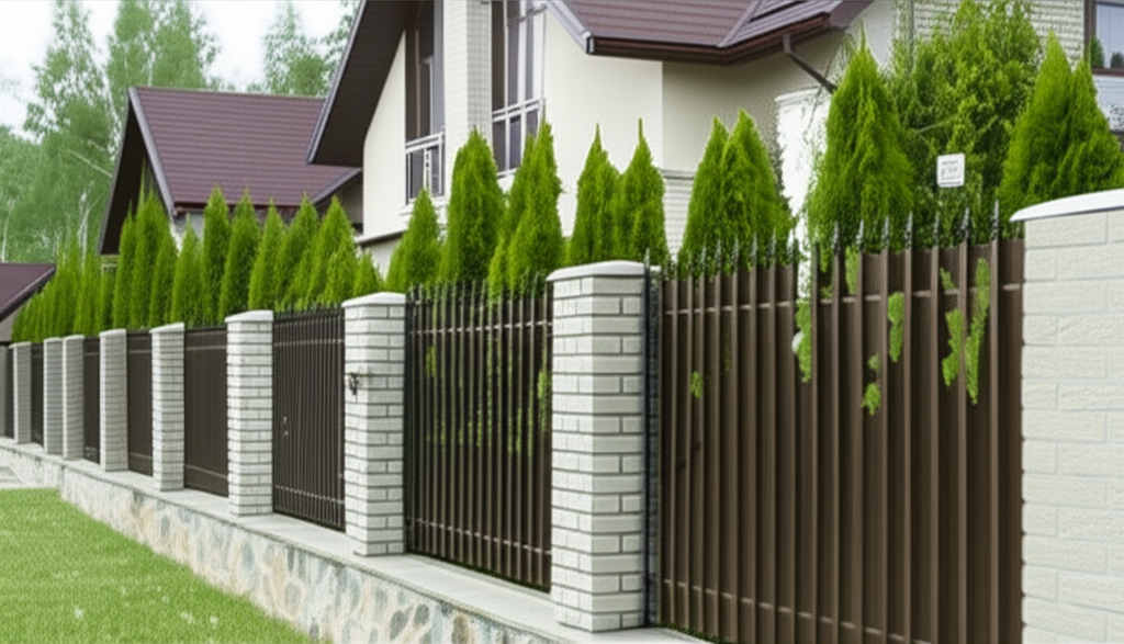 Big concrete columns with fences, plants, trees behind. Big concrete columns with fences, plants, trees behind.