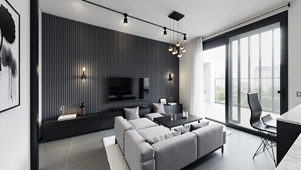 Modern Living Room Design in Grey, White, Black