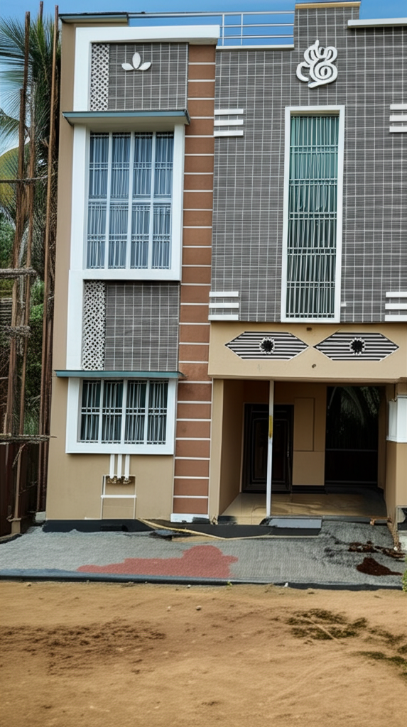Modern house with tiles, trees, car and human.