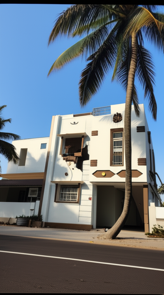 A modern afternoon scene with coconut tree and car.