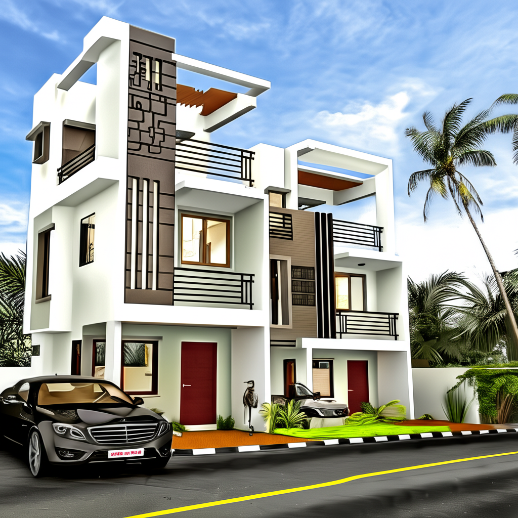 A modern building with car, trees and sky. A modern building with car, trees and sky.