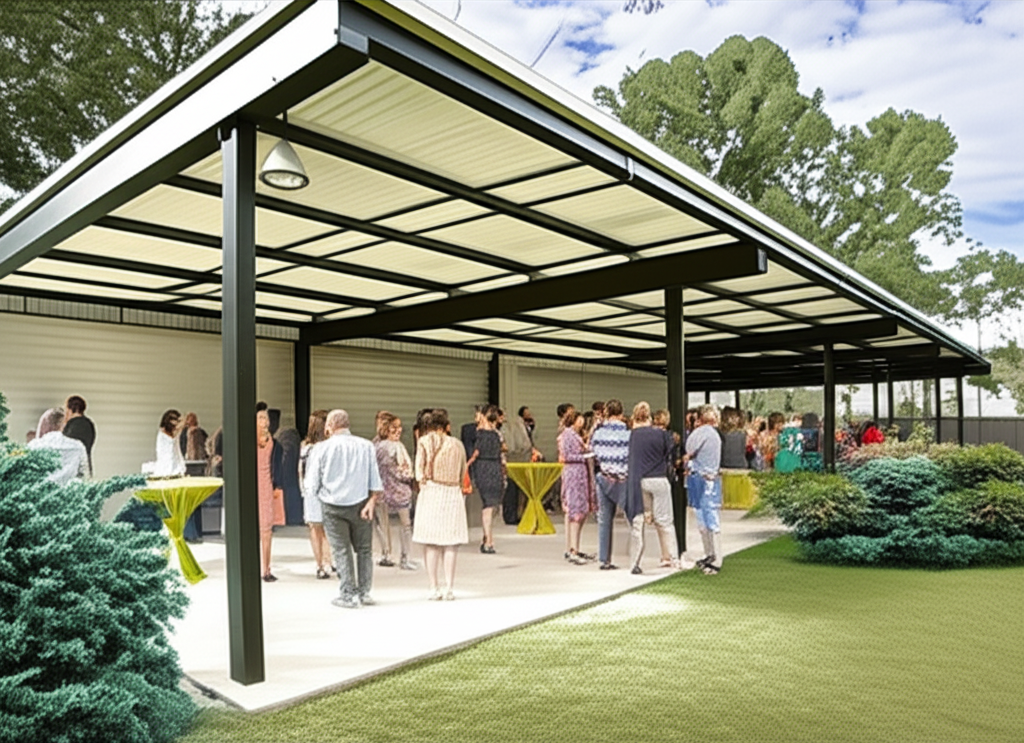 A modern gazebo at a party with plants. A modern gazebo at a party with plants.