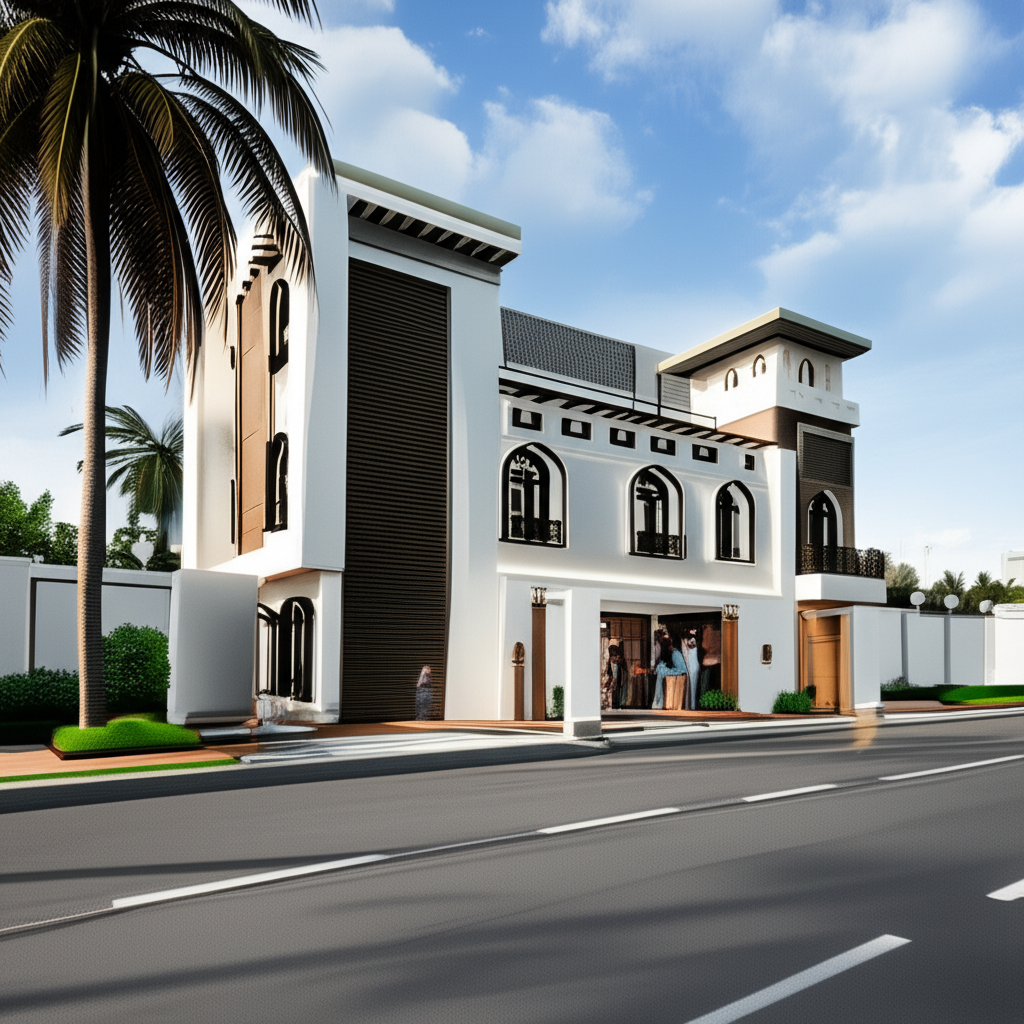 Afternoon Scene with Modern Arabian Exteriors and Coconut Tree Afternoon Scene with Modern Arabian Exteriors and Coconut Tree