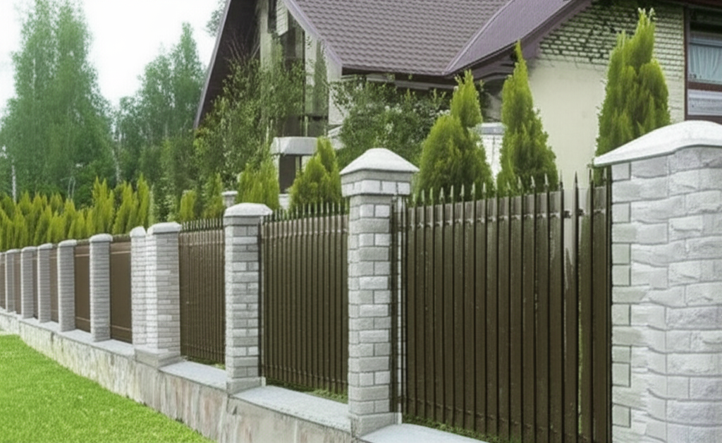 Big concrete columns with fences, plants, trees behind. Big concrete columns with fences, plants, trees behind.