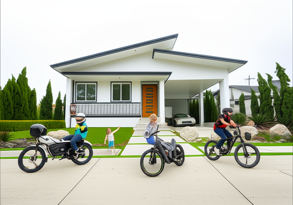 Bikers in front of children playing, in gray. Bikers in front of children playing, in gray.