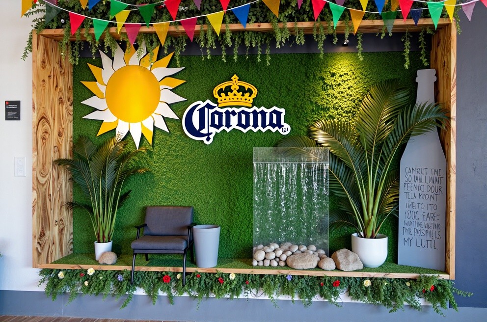 Corona Sign in Tropical Liquor Store Window Display