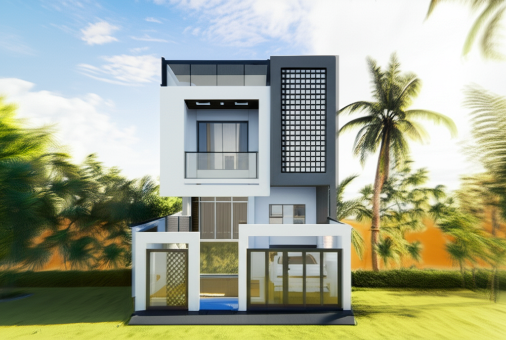 Indian modern house with palm trees and clouds.