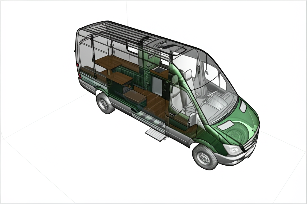 Inside Look: White Mercedes Camper with X-ray View Inside Look: White Mercedes Camper with X-ray View