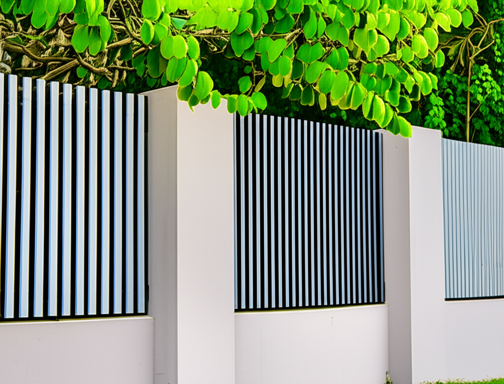 Modern brown and white fence with columns and trees. Modern brown and white fence with columns and trees.