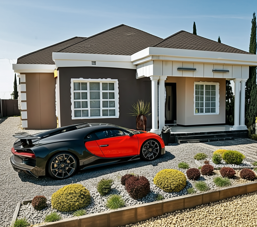 The modern house with pine trees and bugatti.