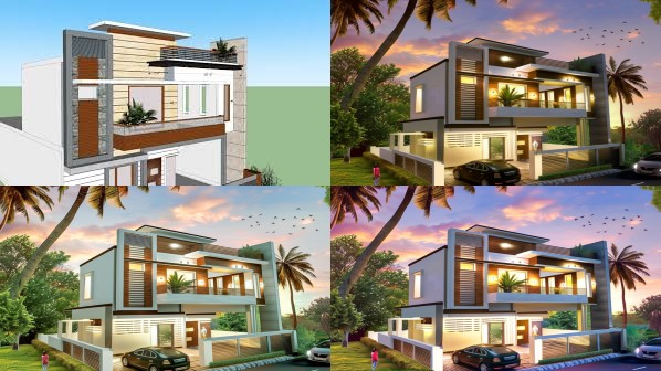 A White Indian Villa Under Grey Clouds