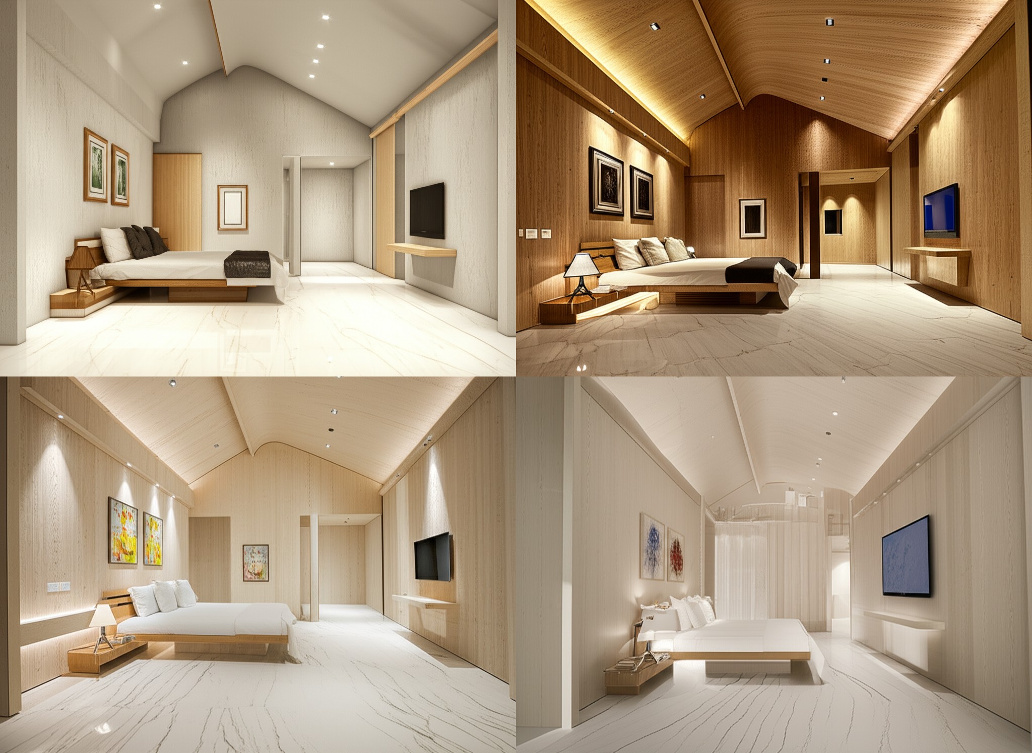 A modern bedroom with marble floor and soft lighting. A modern bedroom with marble floor and soft lighting.