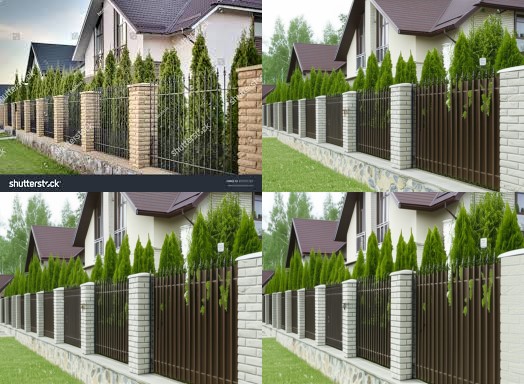 Big concrete columns with fences, plants, trees behind. Big concrete columns with fences, plants, trees behind.