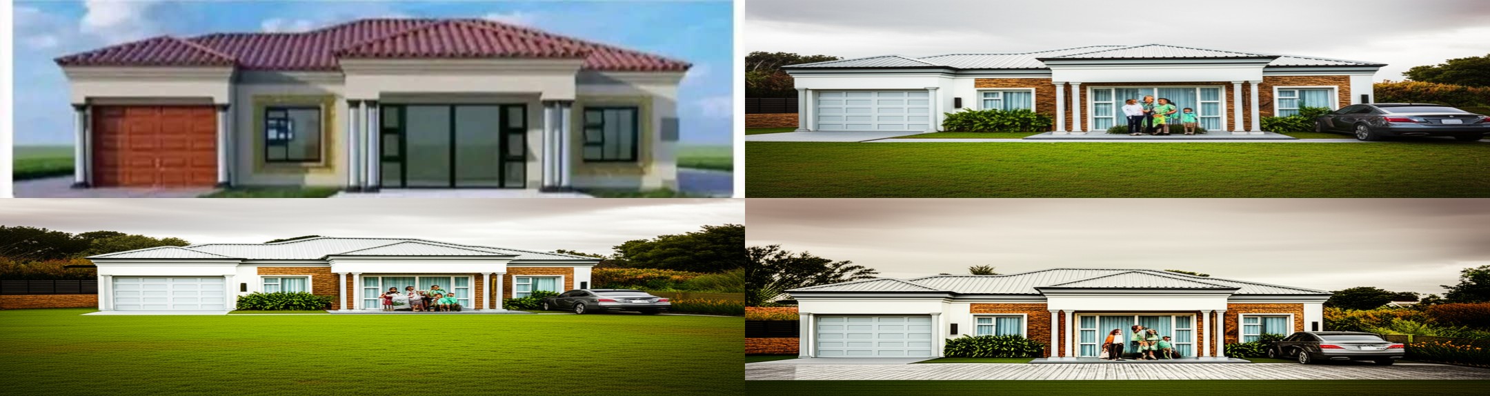 Family of 4 with car outside modern house. Family of 4 with car outside modern house.