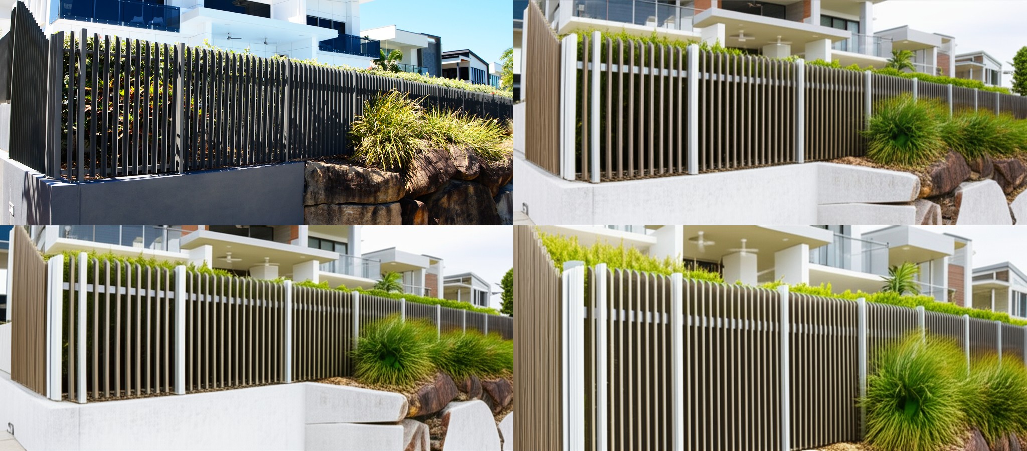 Modern fenced area with columns, plants, and trees Modern fenced area with columns, plants, and trees